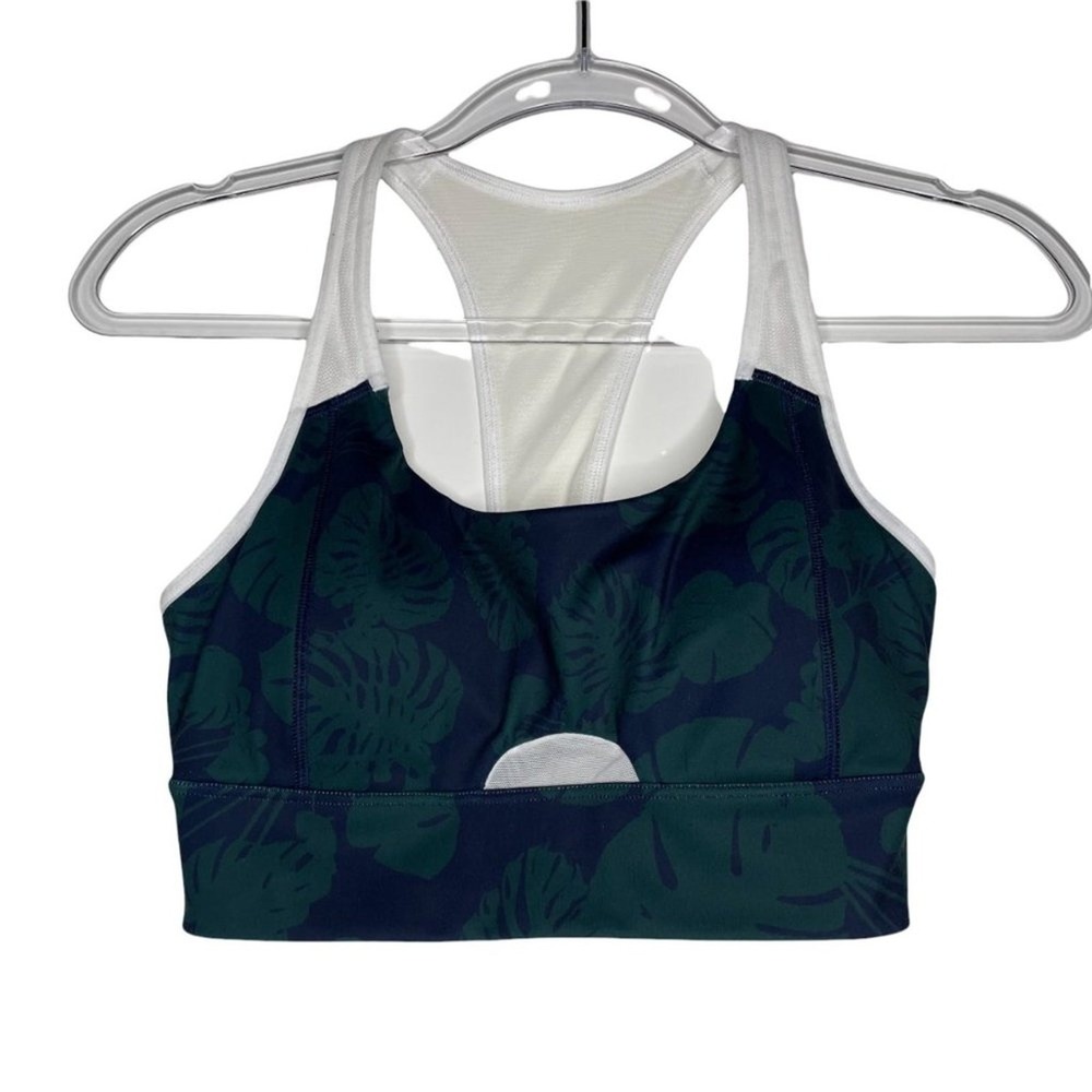 Athleta Monstera Leaf Print Racerback Sports Bra Navy Green White Mesh Small